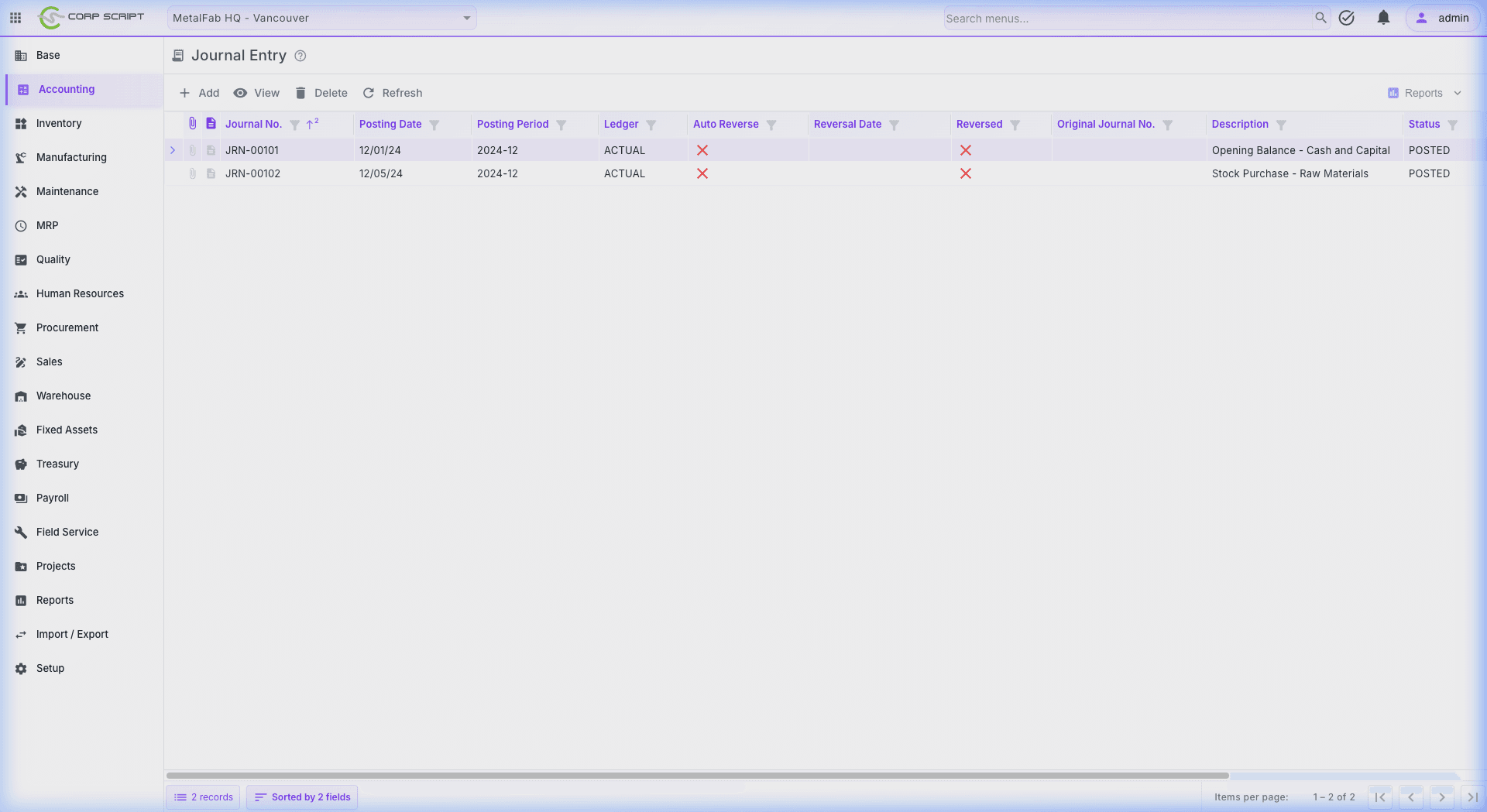 CorpScript ERP — Journal Entry screen with real transaction data