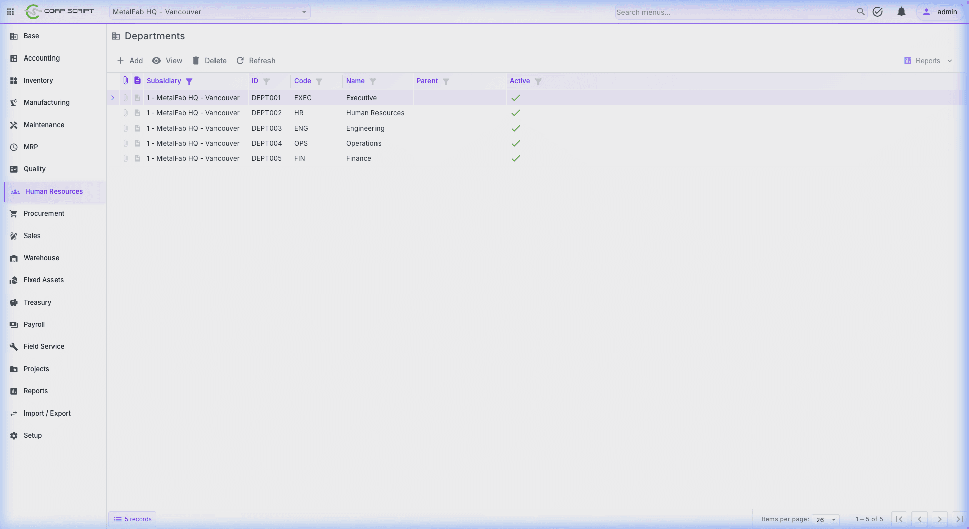 CorpScript HR — Department management screen