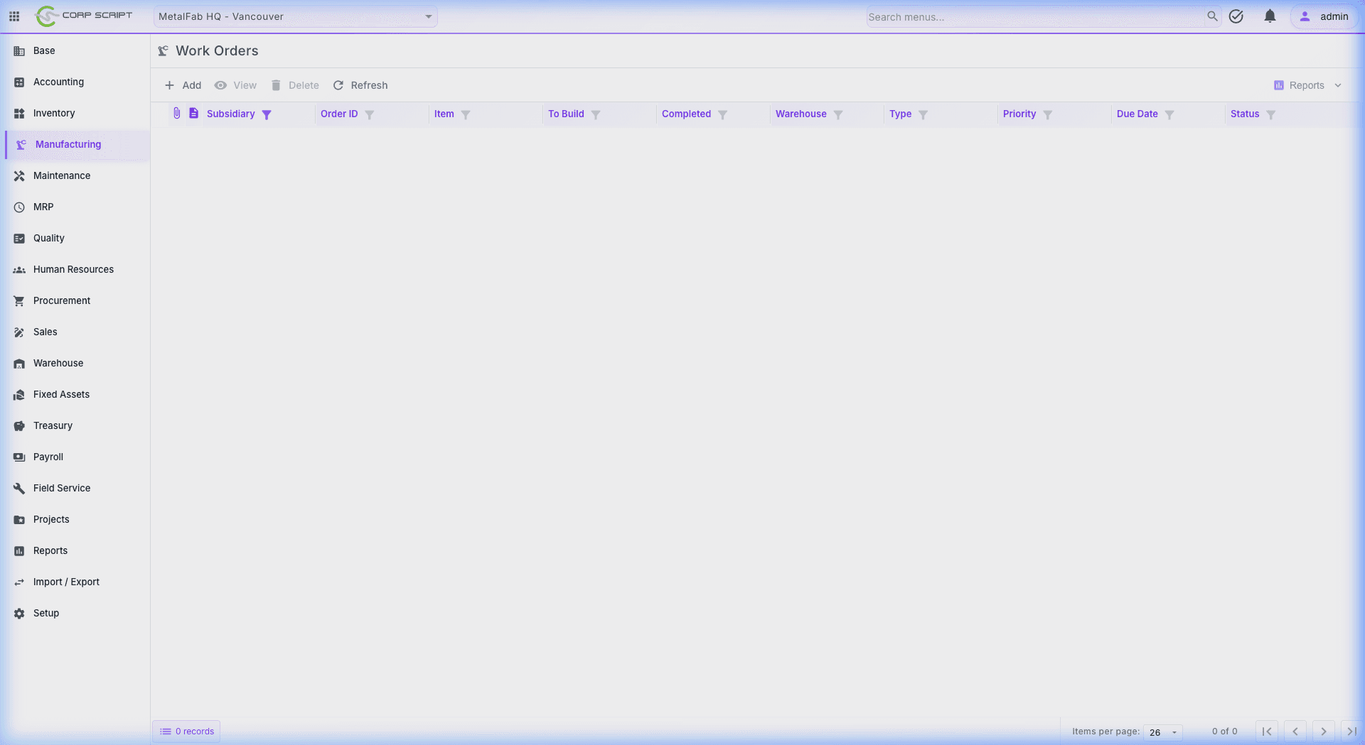CorpFlow discrete manufacturing work orders and shop floor routing dispatcher