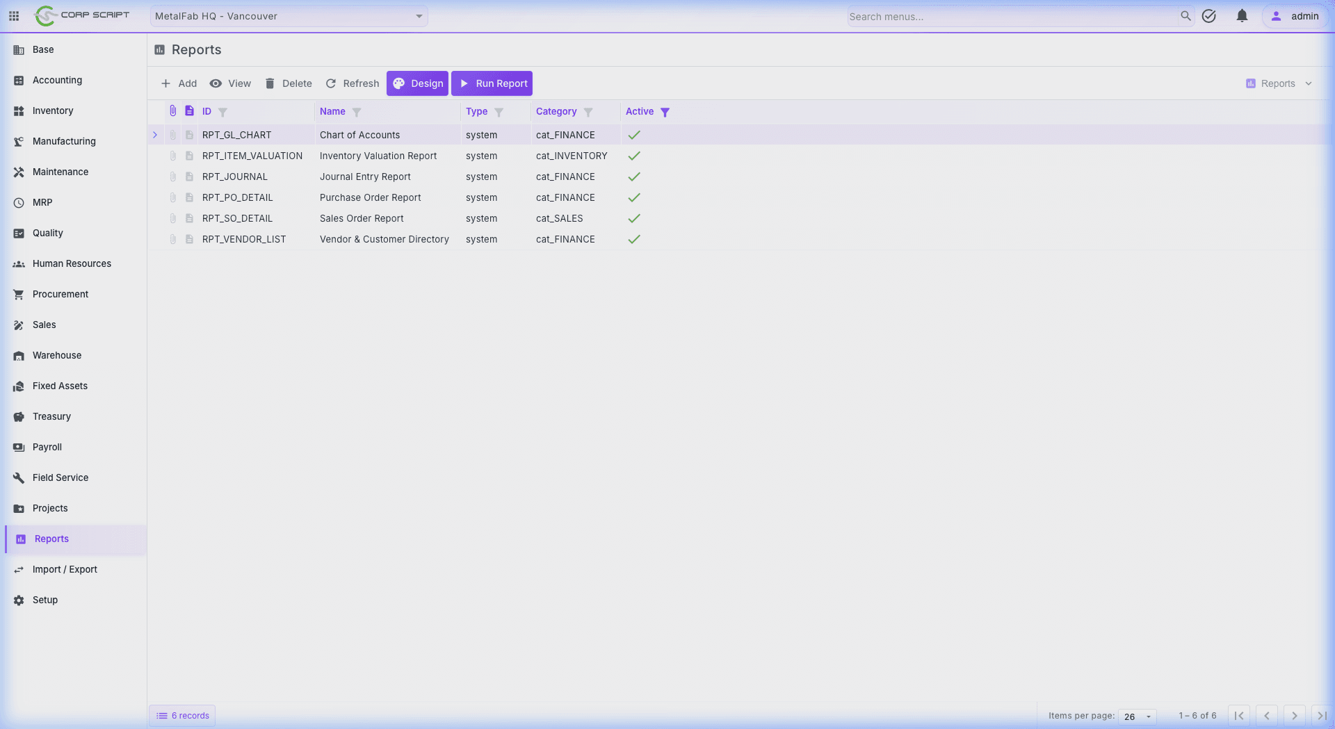 CorpScript Reports — Report list with Design and Run Report actions