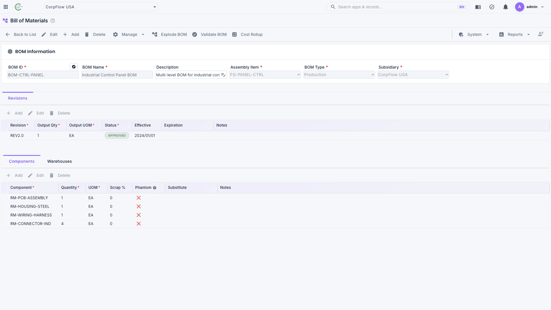CorpFlow Bill of Materials form with components and revisions