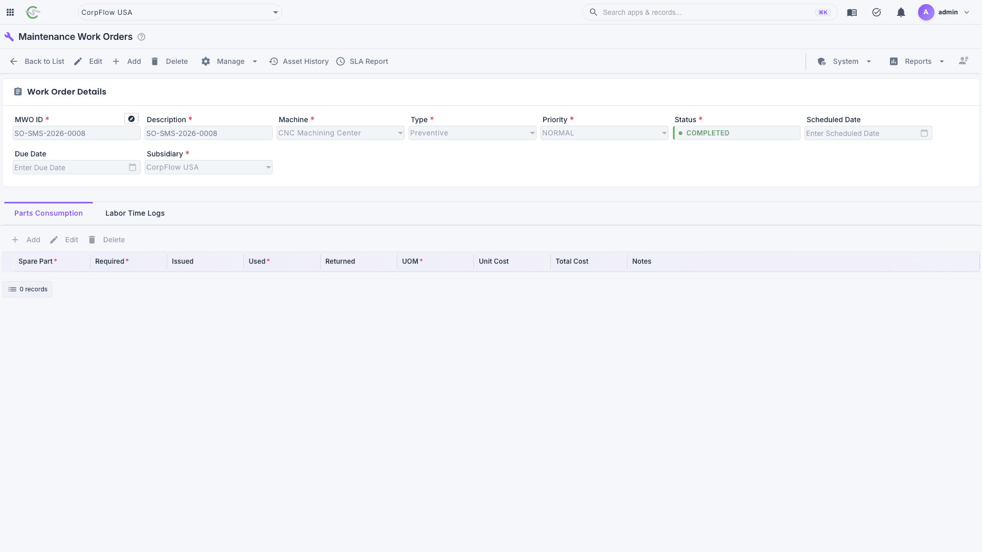 CorpFlow maintenance work order form linked to production assets