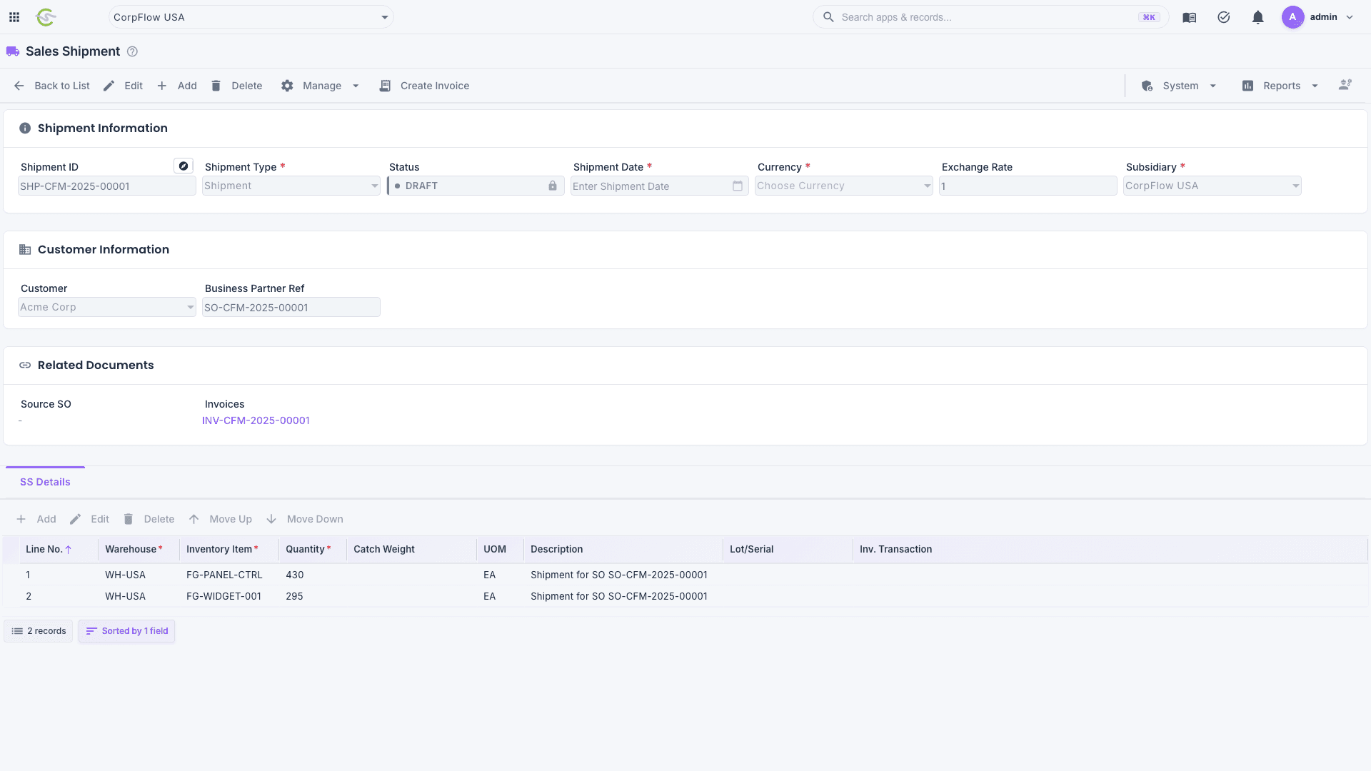 CorpFlow sales shipment with style and lot-aware lines